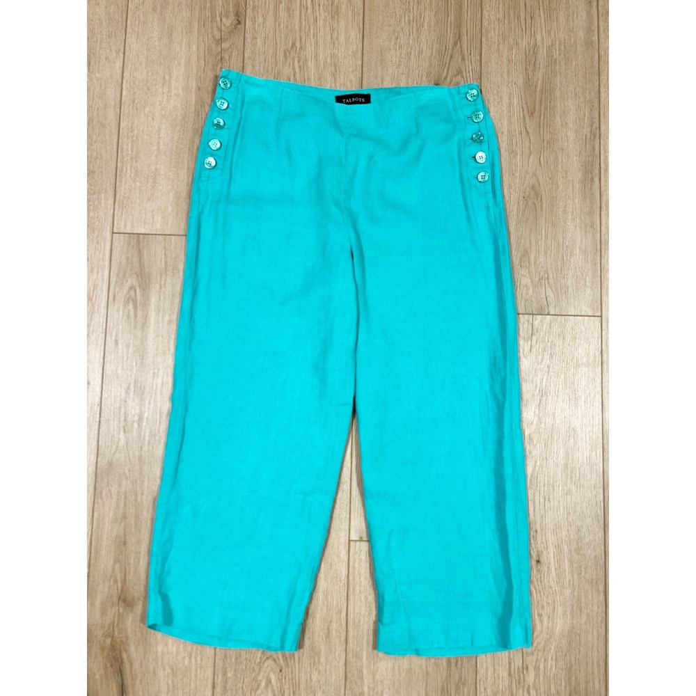 Talbots Chelsea Crop Pants Womens 8 Turquoise Blue 100% Linen Herringbone Sailor